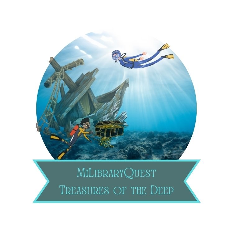 MiLibraryQuest logo with a shipwreck, divers, and text “MiLibraryQuest Treasures of the Deep”