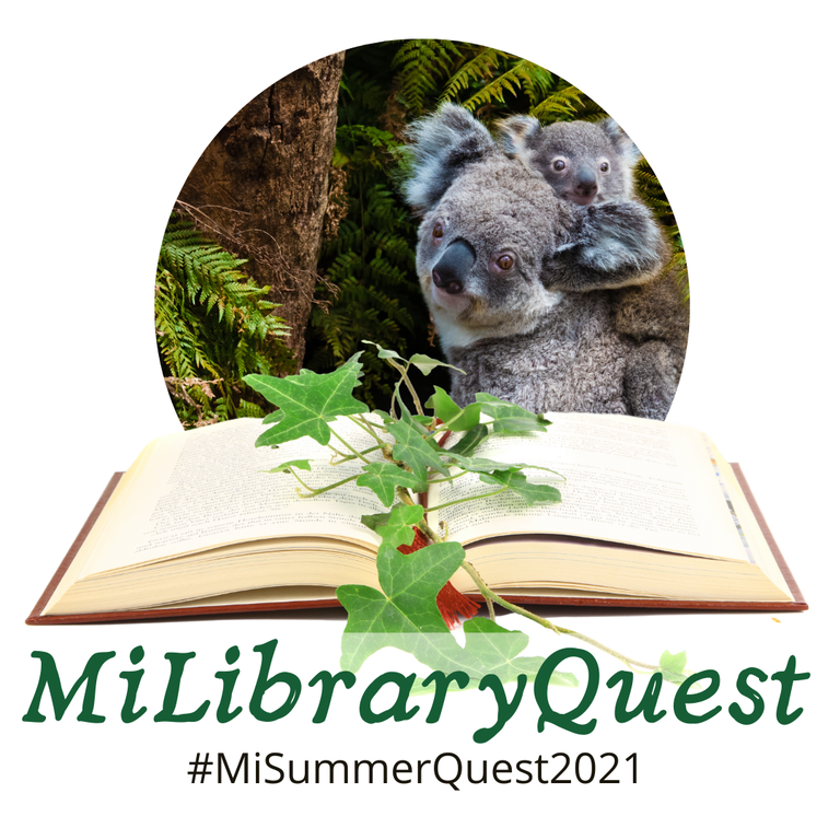 MiLibraryQuest logo with koalas, an open book, and the text #MiLibraryQuest2021